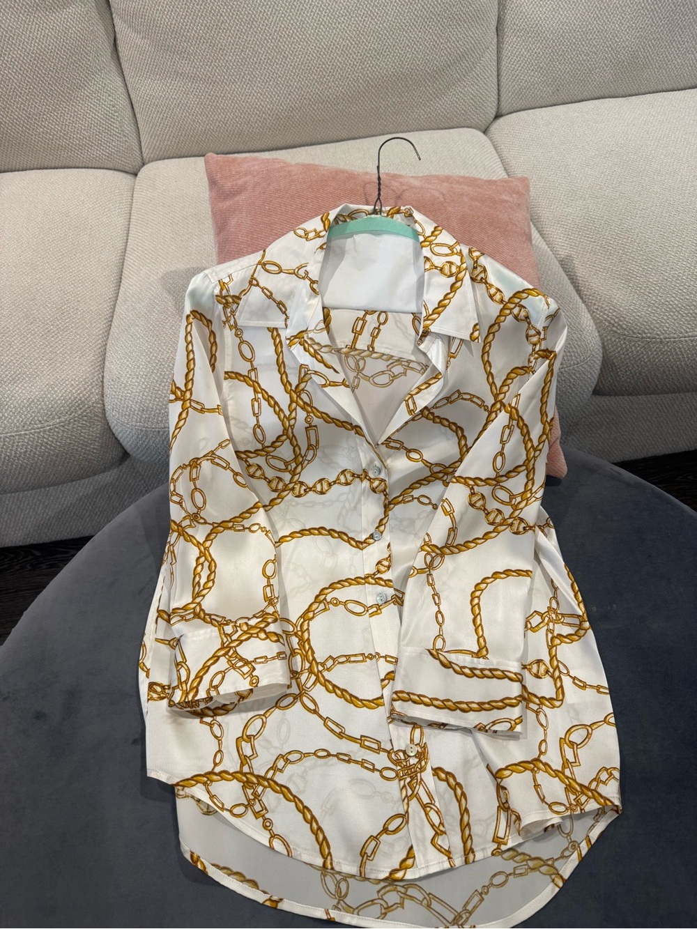 New Lagence Chain Print Satin Button-Up Blouse- White/Gold